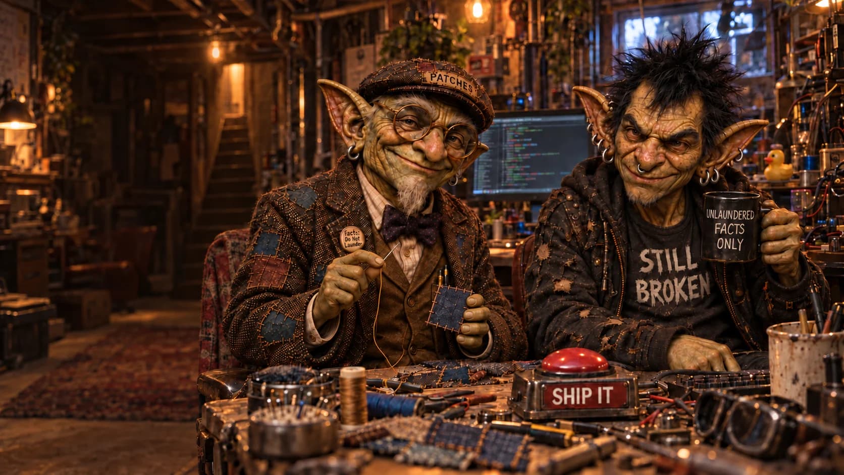 Patches and Grub at their basement build station. Patches, in glasses and a patched tweed jacket, is sewing a patch; Grub, spiky-haired with a mug, smirks beside a big red SHIP IT button.